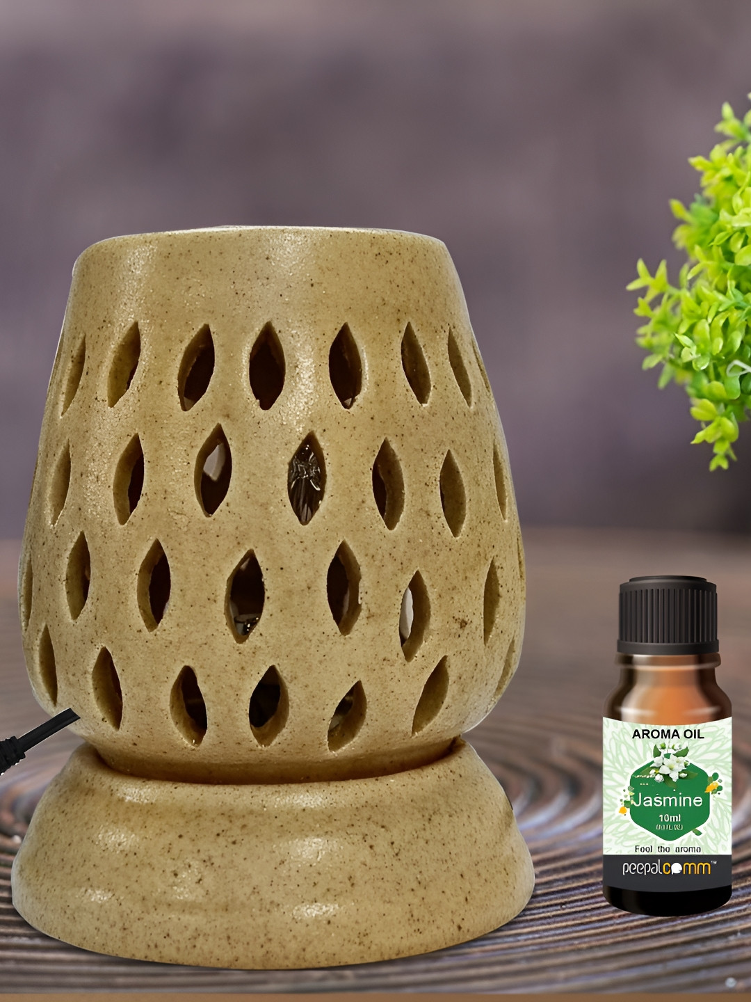 PEEPALCOMM 2Pcs Brown Printed Ceramic Long Electrical Diffuser With Jasmine Aroma Oils