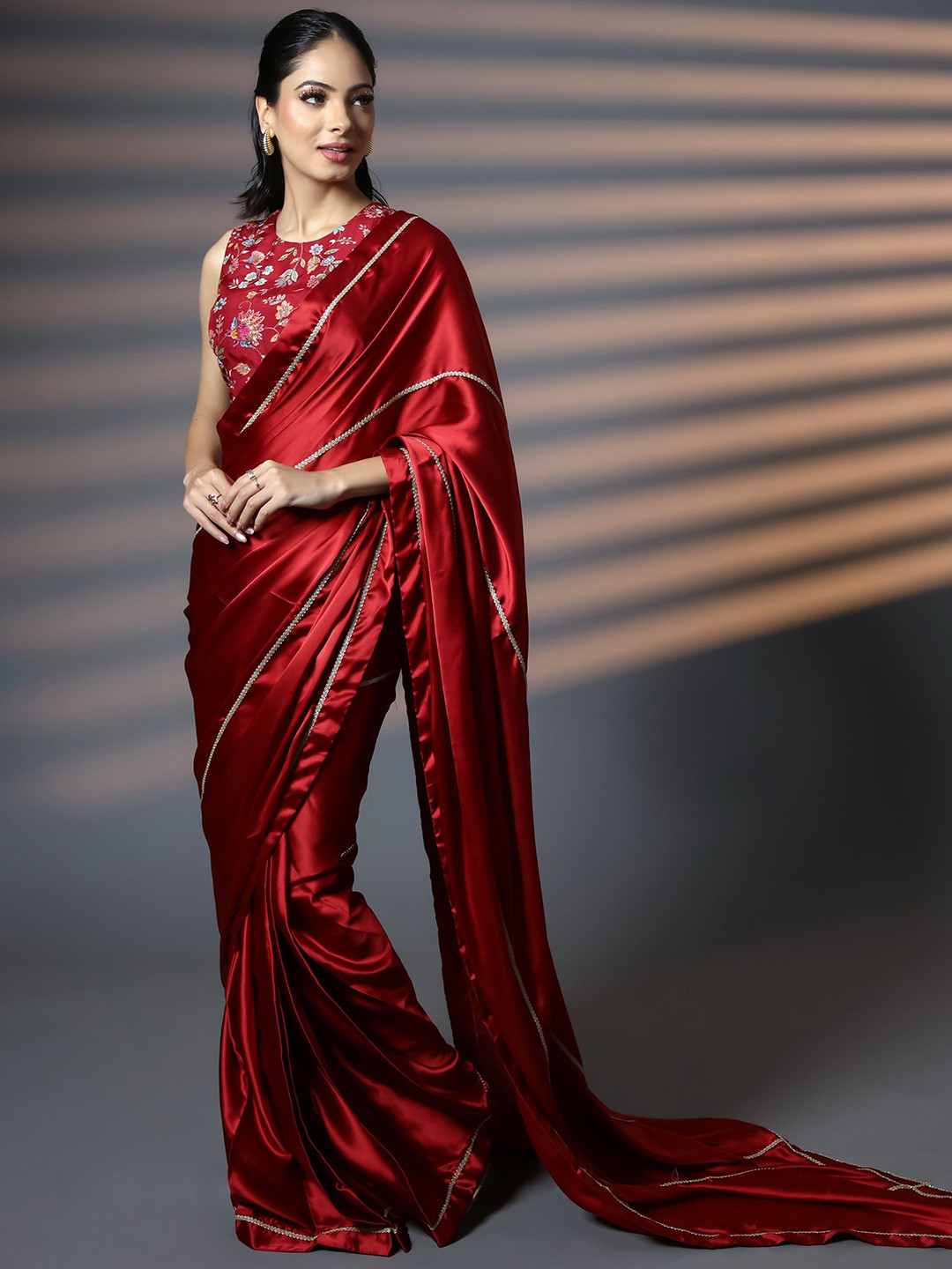 HANDME Luxe Red & Gold Embellished Premium Luxe Satin Saree with Blouse Piece