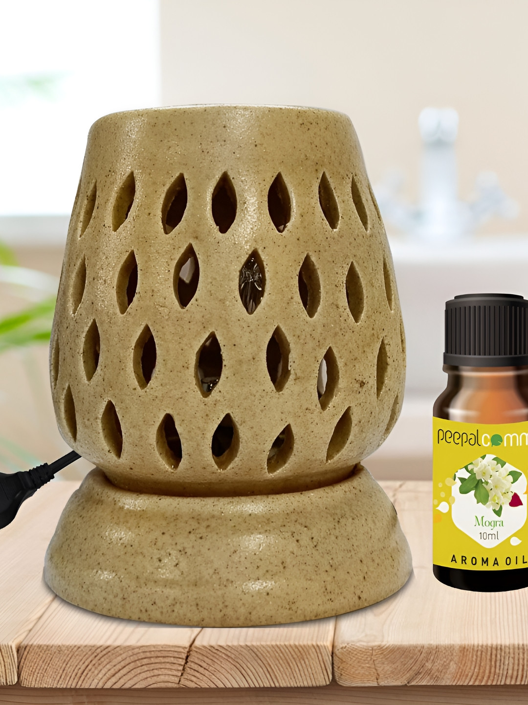 PEEPALCOMM 2Pcs Brown Printed Ceramic Long Electrical Diffuser With Mogra Aroma Oil -10 ml