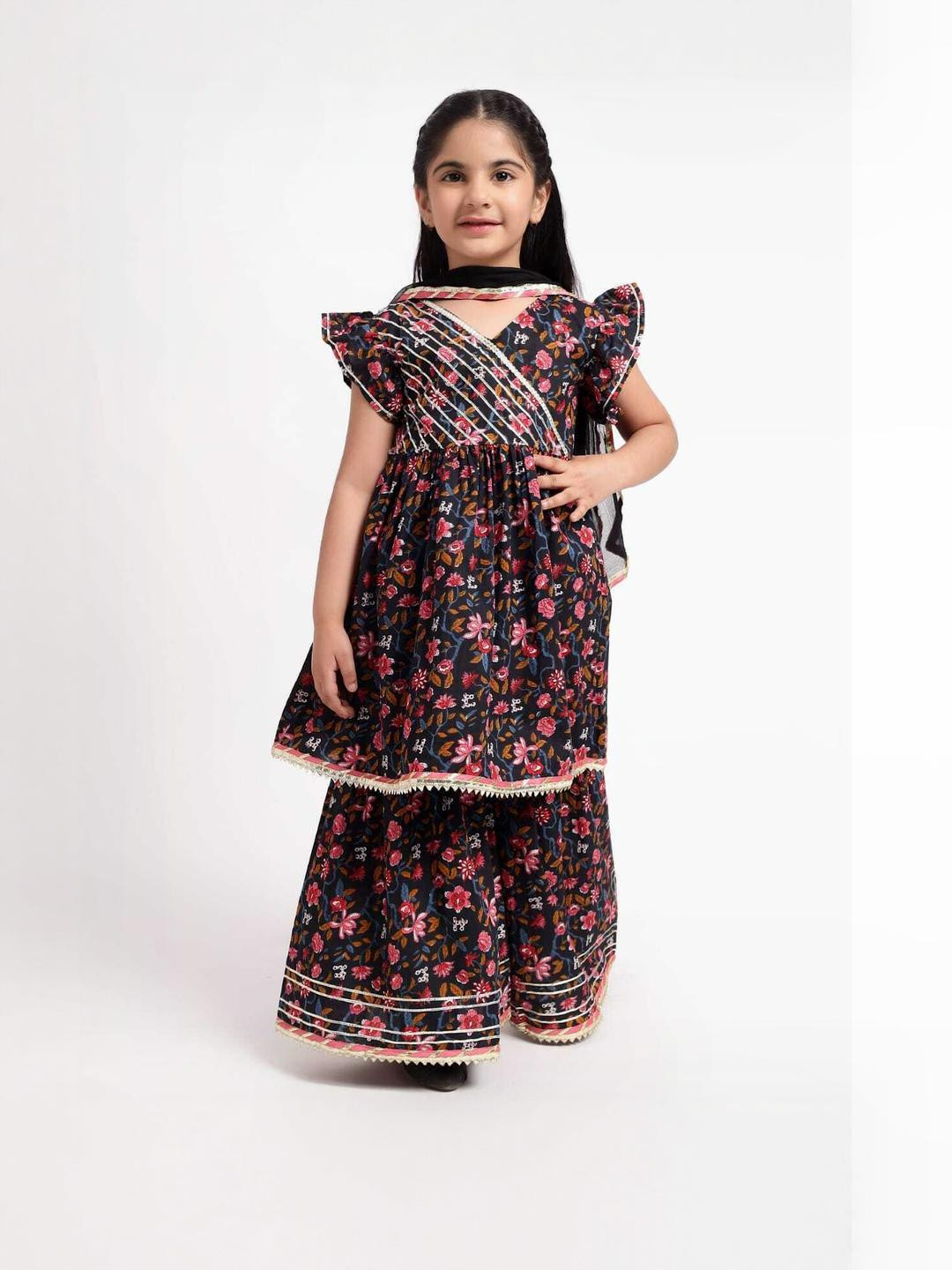 Little Dreams Baby Girls Floral Printed Kurta & Sharara with Dupatta