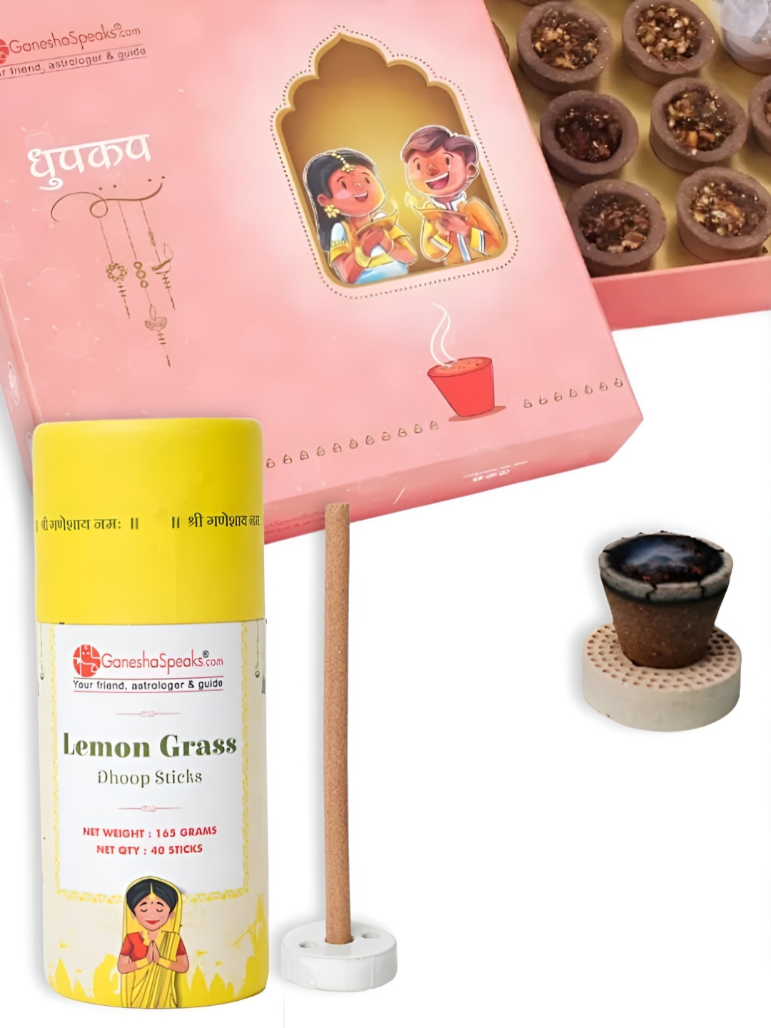 GaneshaSpeaks 15-Pcs Brown Rose Dhoop Cup & Lemongrass Dhoop Stick, Jasmine Incense Stick