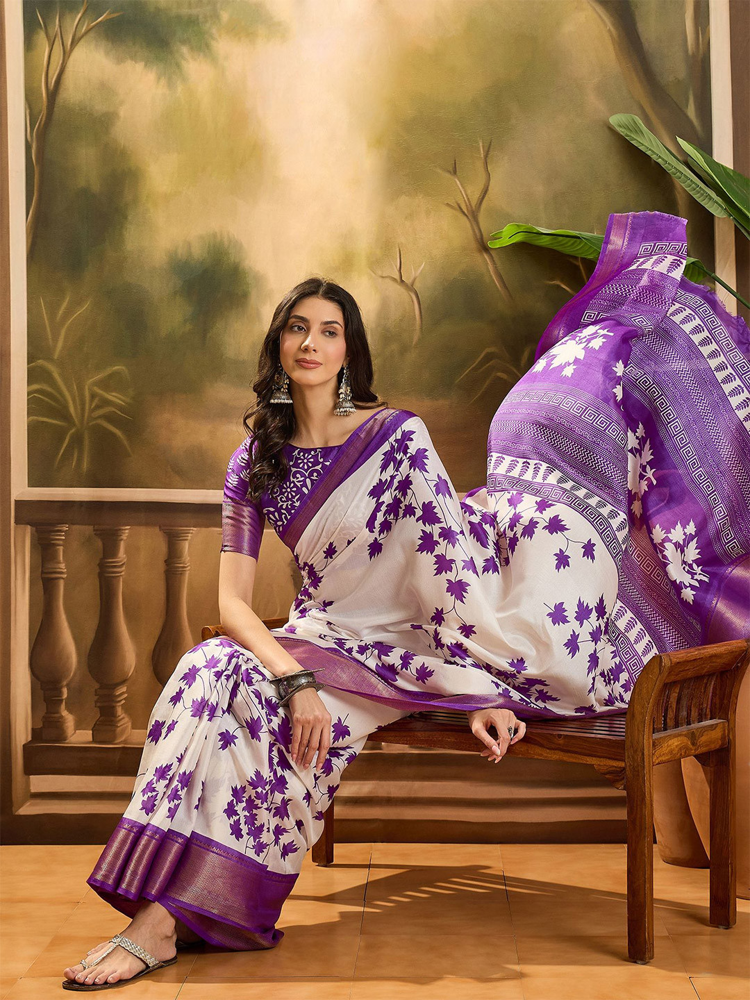 Sangria Floral Printed Silk Cotton Zari Saree  With Blouse Piece