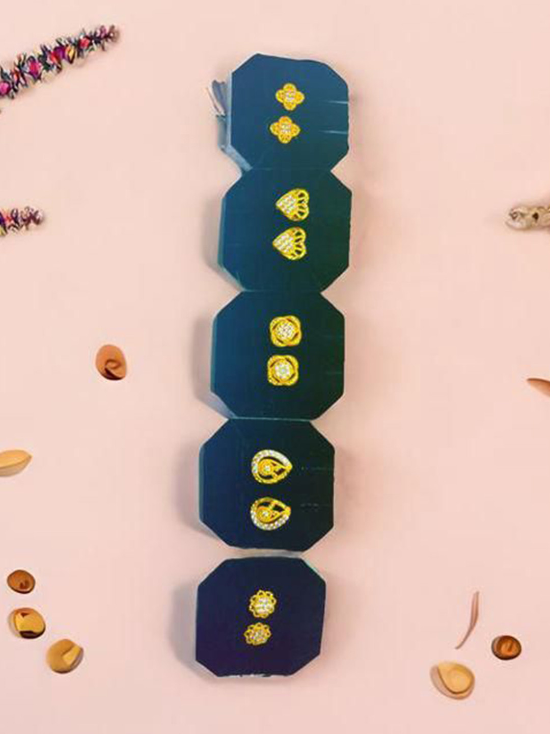 Cazines Set Of 5 Gold-Plated Artificial Stones Studded Contemporary Studs