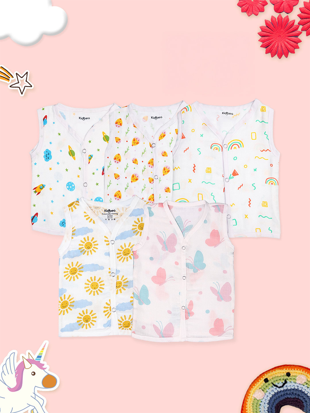 Kidbea Infants Pack Of 5 Printed Pure Bamboo Jhabla JH_12_PO5_03