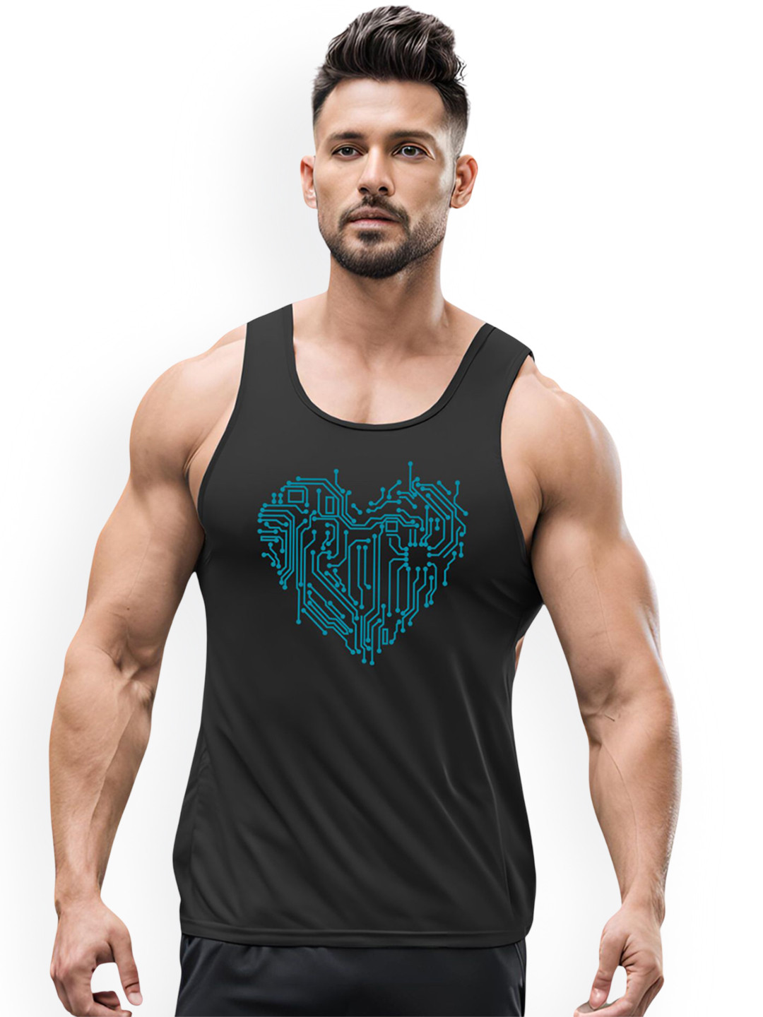 3Colors Printed Dry-Fit Sleeveless Gym Vest VEST-NCUT-ROBOT HEART-BLK_M