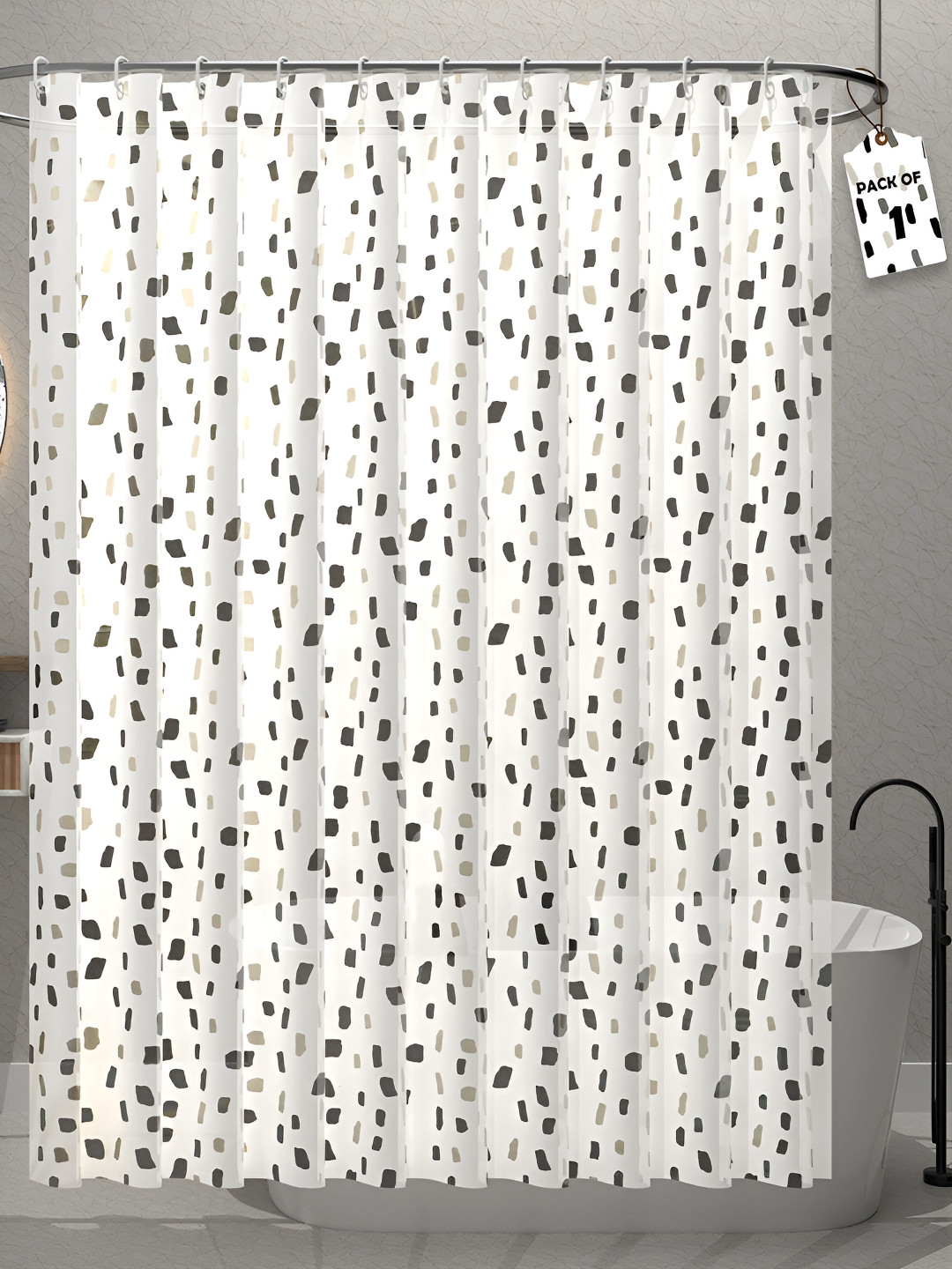 Aura Grey & White Printed Waterproof Shower Curtain With Hooks