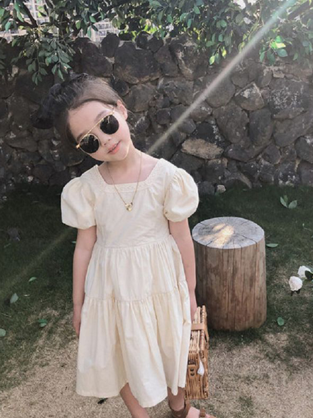 StyleCast x Revolte Girls Solid Choker Neck Gathered or Pleated Cotton A-Line Dress