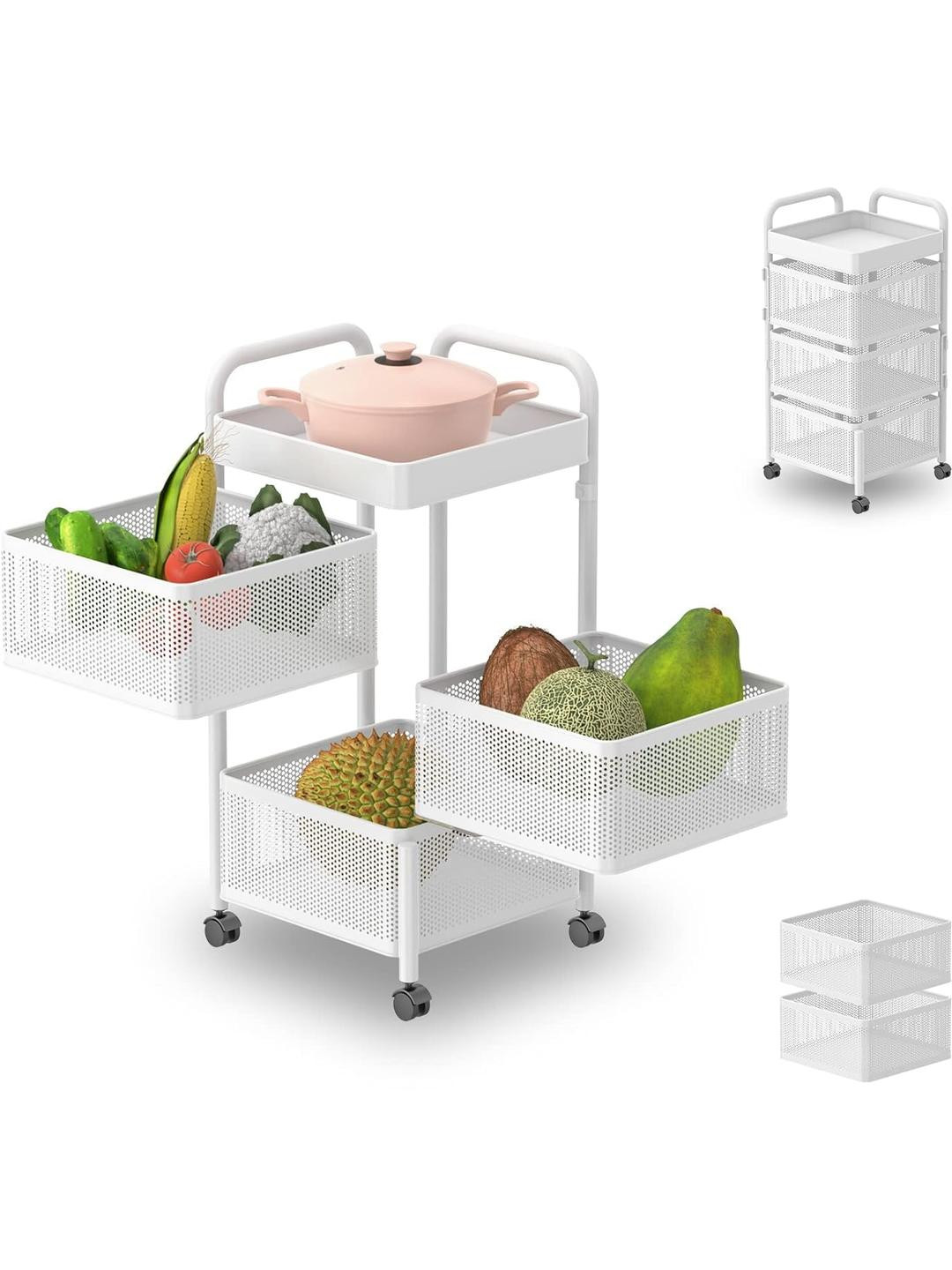 3 Layer Rotating Metal Storage Basket with Wheels