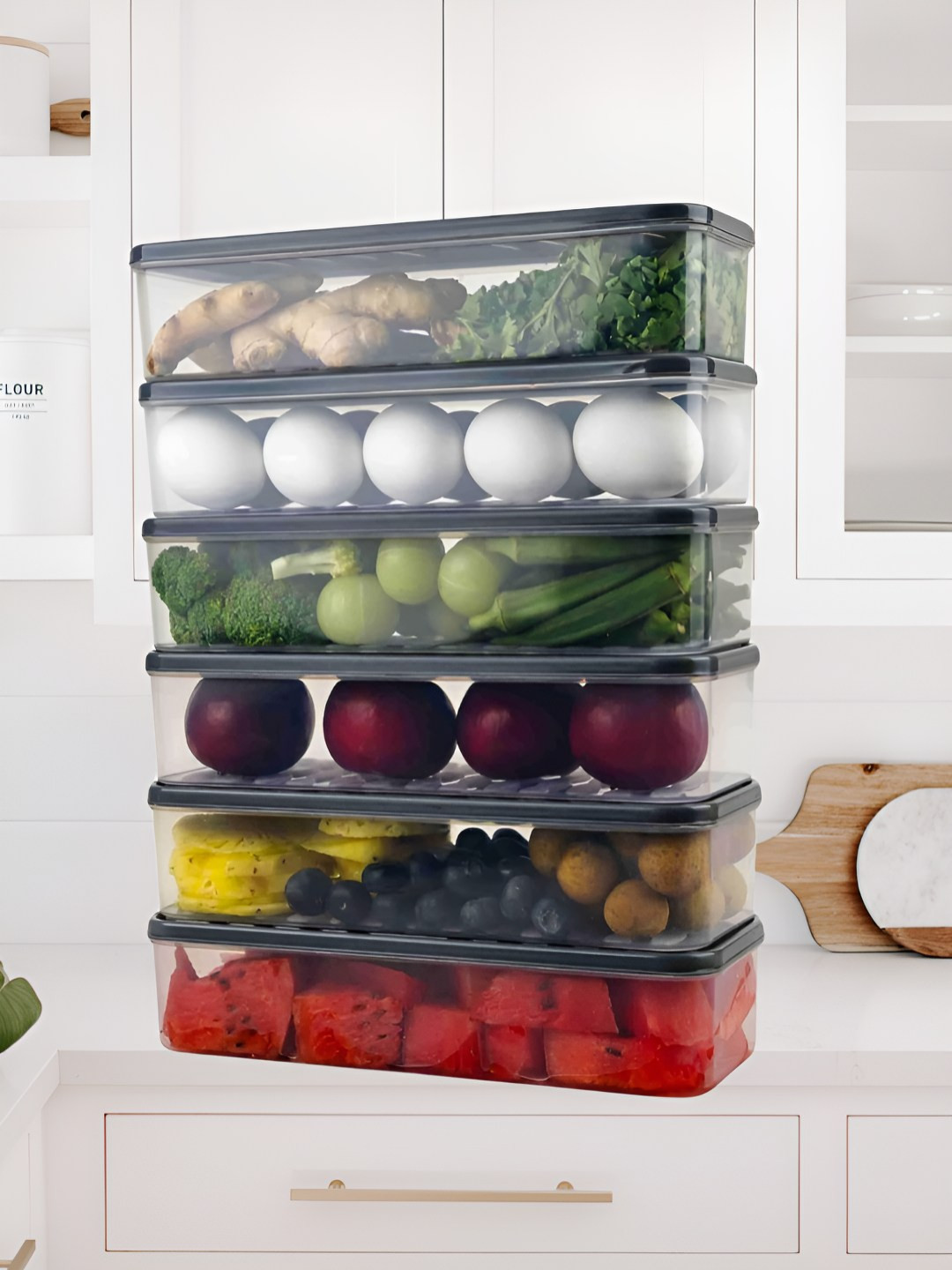 Aura Bi Grey Plastic Easy To Clean 6 Piece Clip-On Fridge Container-1.2L