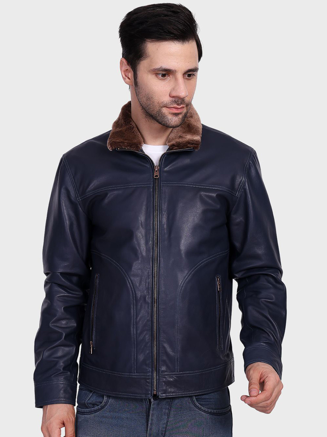 Justanned Aviator Fur Collar Solid Leather Jacket