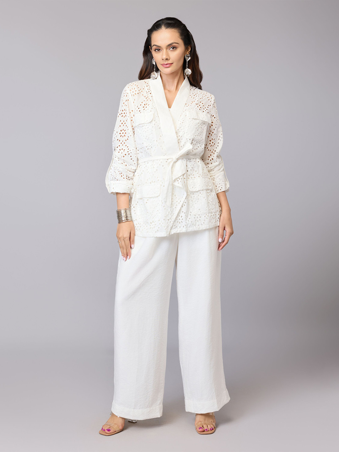 Tamiska By Narendra Kumar Women Self Design Puff Sleeve Schiffli Cotton Wrap Top