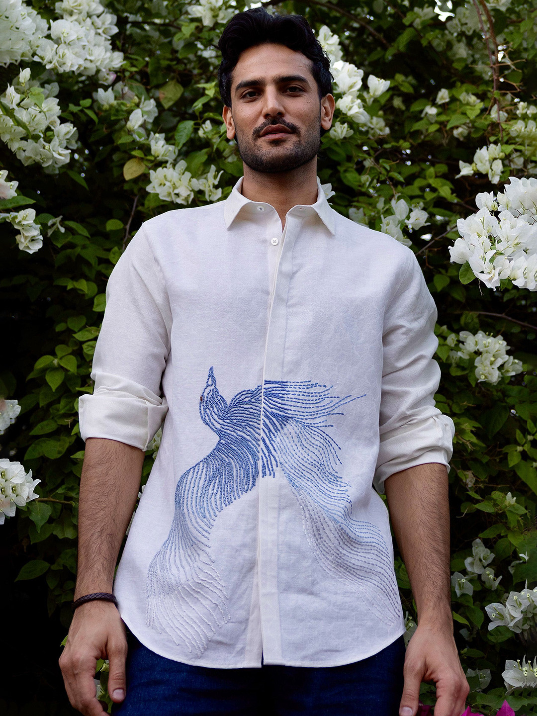 ASUKA Abstract Printed Spread Collar Relaxed Fit Embroidered Linen Shirt