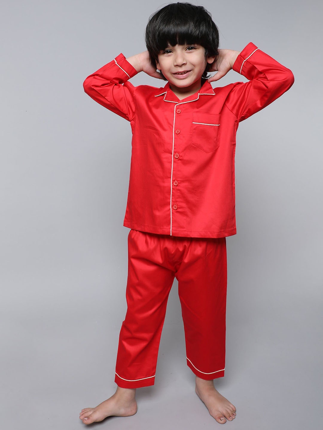 Little Clothings Boys Red 100% Cotton Silk Collar Neck Night Suits