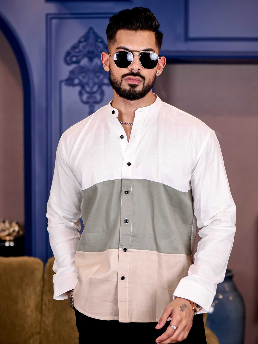Foomer Standard Colourblocked Mandarin Collar Cotton Linen Casual Shirt