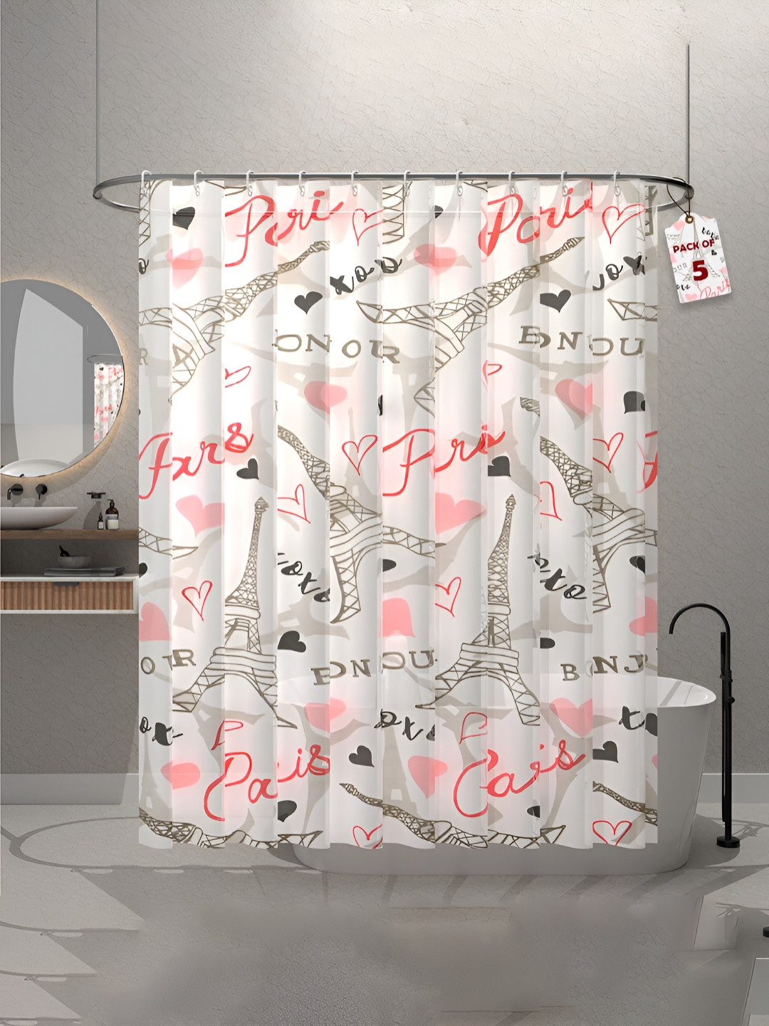 Aura 5Pc White & Pink Eiffel Tower Printed Water-Repellant Shower Curtains With 12 Hooks