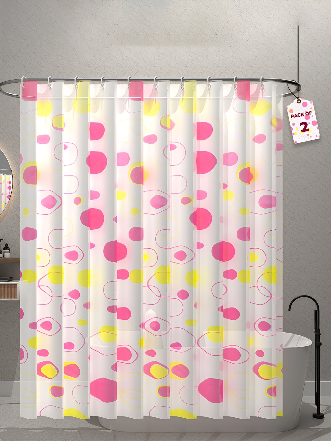 Aura 2-Pcs Pink & Yellow Bubbles Printed Waterproof ShowerCurtainWithHooks