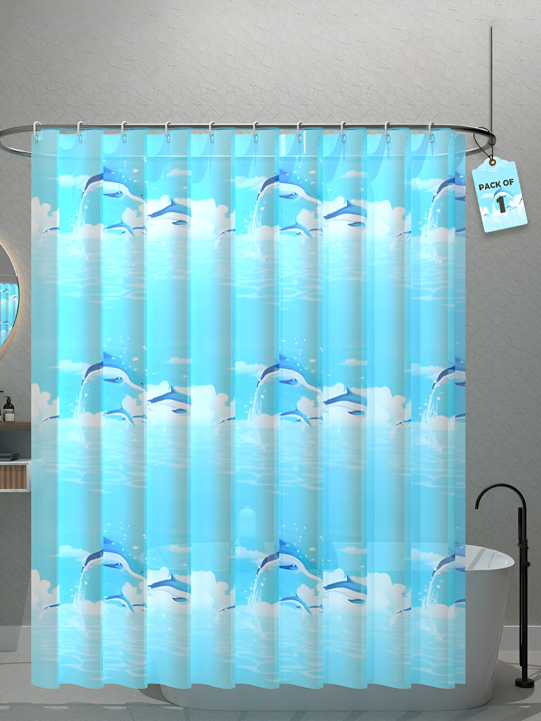 Aura Blue Printed Waterproof ShowerCurtainWithHooks