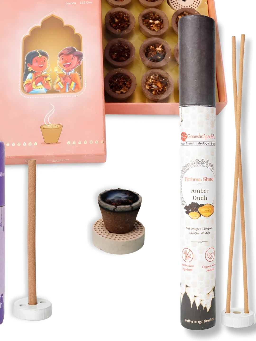 GaneshaSpeaks 55-Pcs Sandalwood Dhoop Cup & Lavender Dhoop Stick, Amberoud Incense Stick