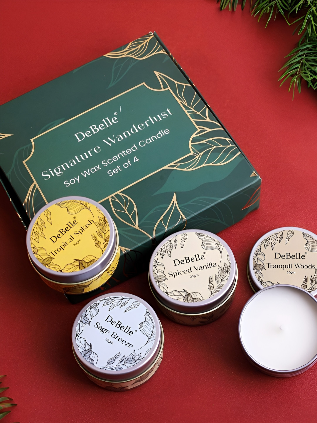 DeBelle Soya Wax Signature Wanderlust 4Pcs Tranquil Woods, Spiced Vanilla, Tropical Splash, Sage Breeze Tea Light Candles