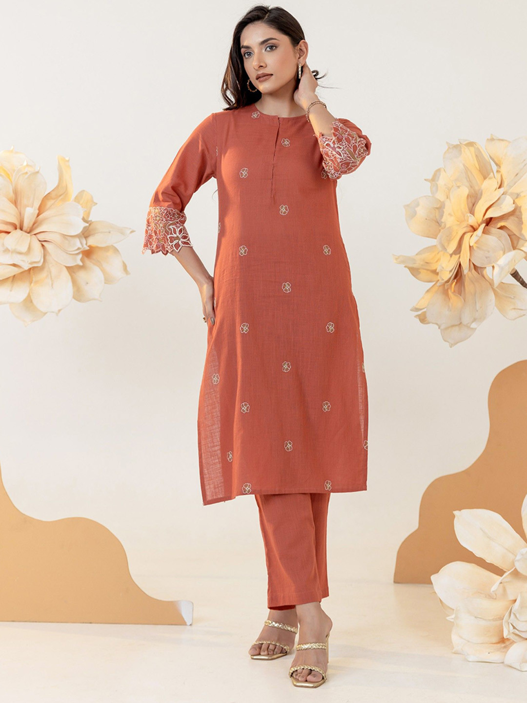 AUTUMN LANE Purna Cider Floral Embroidered Thread Work Pure Cotton Kurta With Trousers