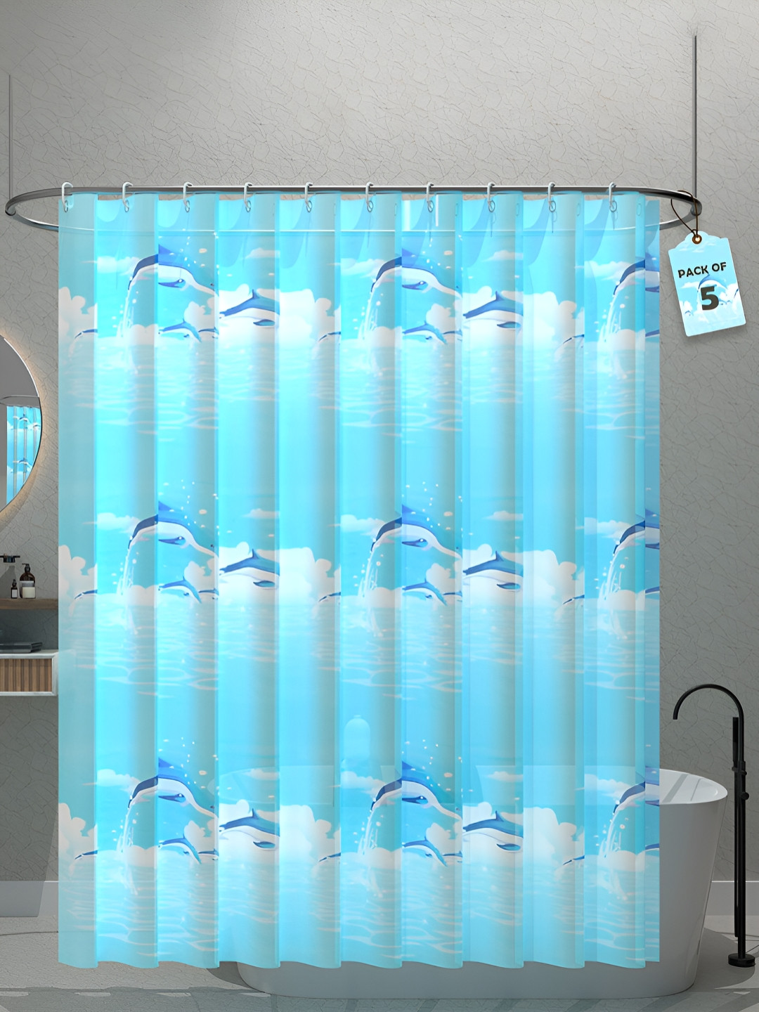 Aura 5-Pcs Blue Shark Printed Waterproof ShowerCurtainWithHooks