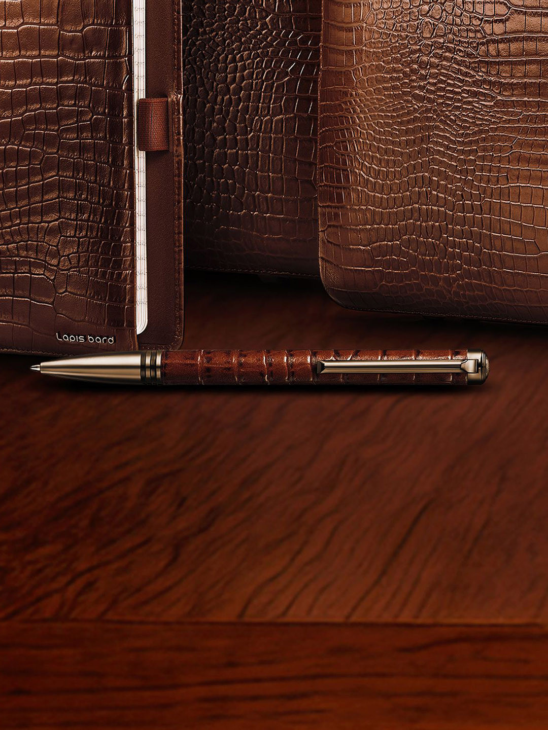 Lapis Bard Dark Brown Mandeville Croc-Textured Ballpoint Pen