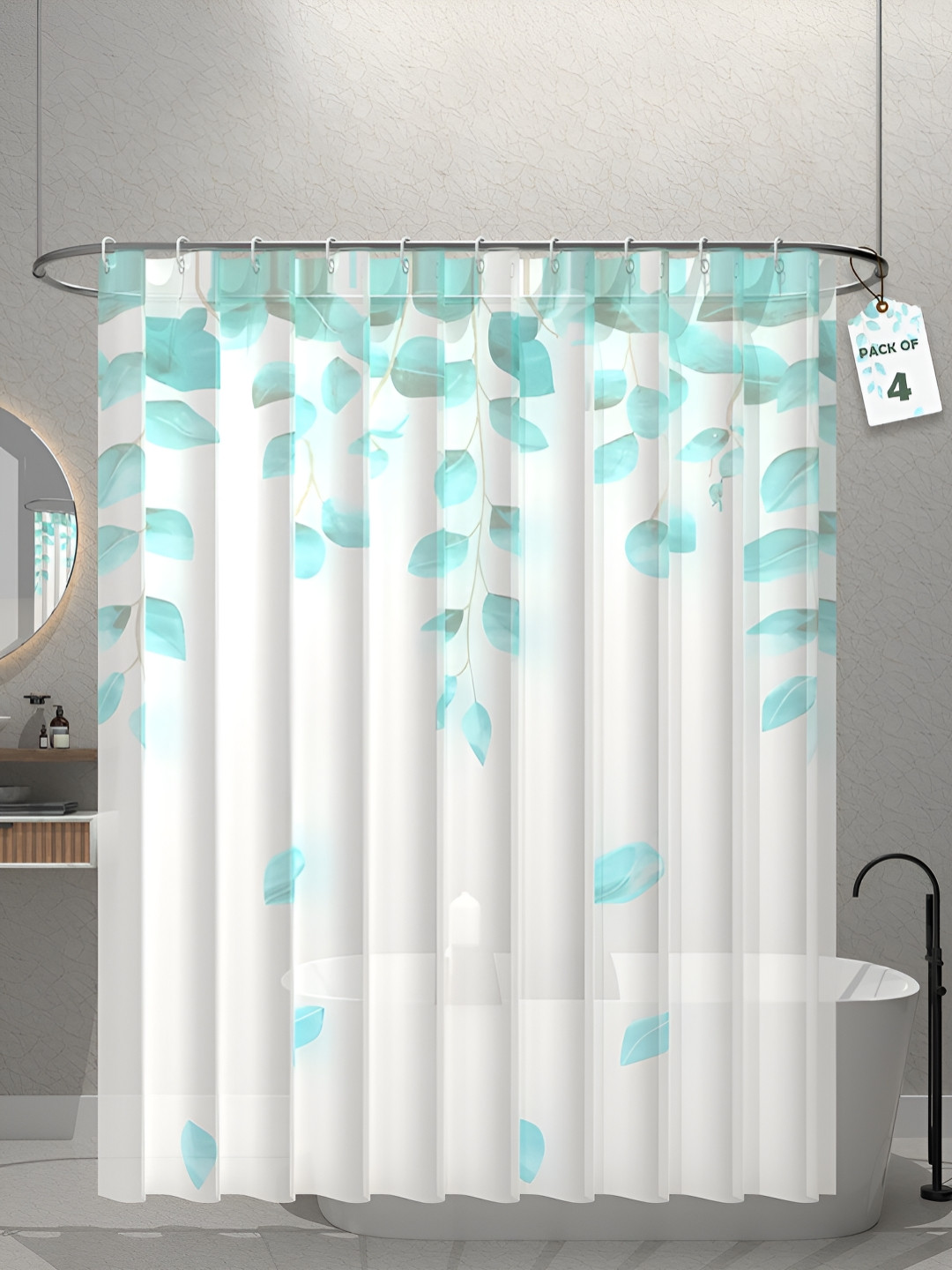 Aura 4-Pcs Green & White Leaf Printed Waterproof ShowerCurtainWithHooks