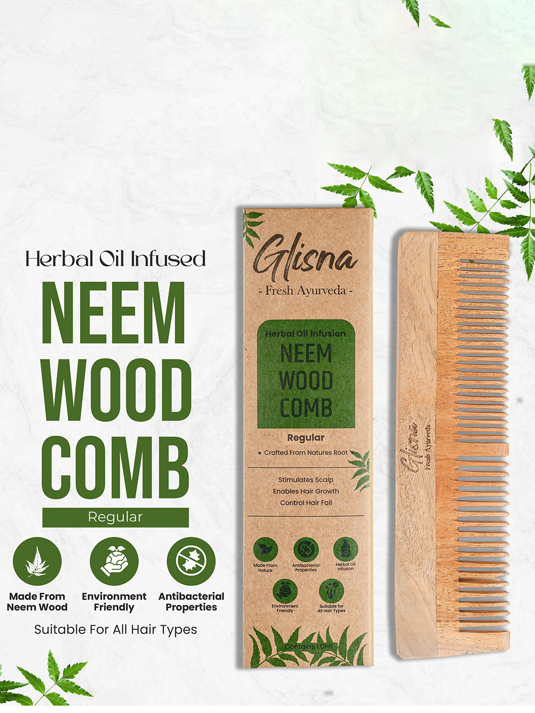 GLISNA Neem Wooden Comb - Brown