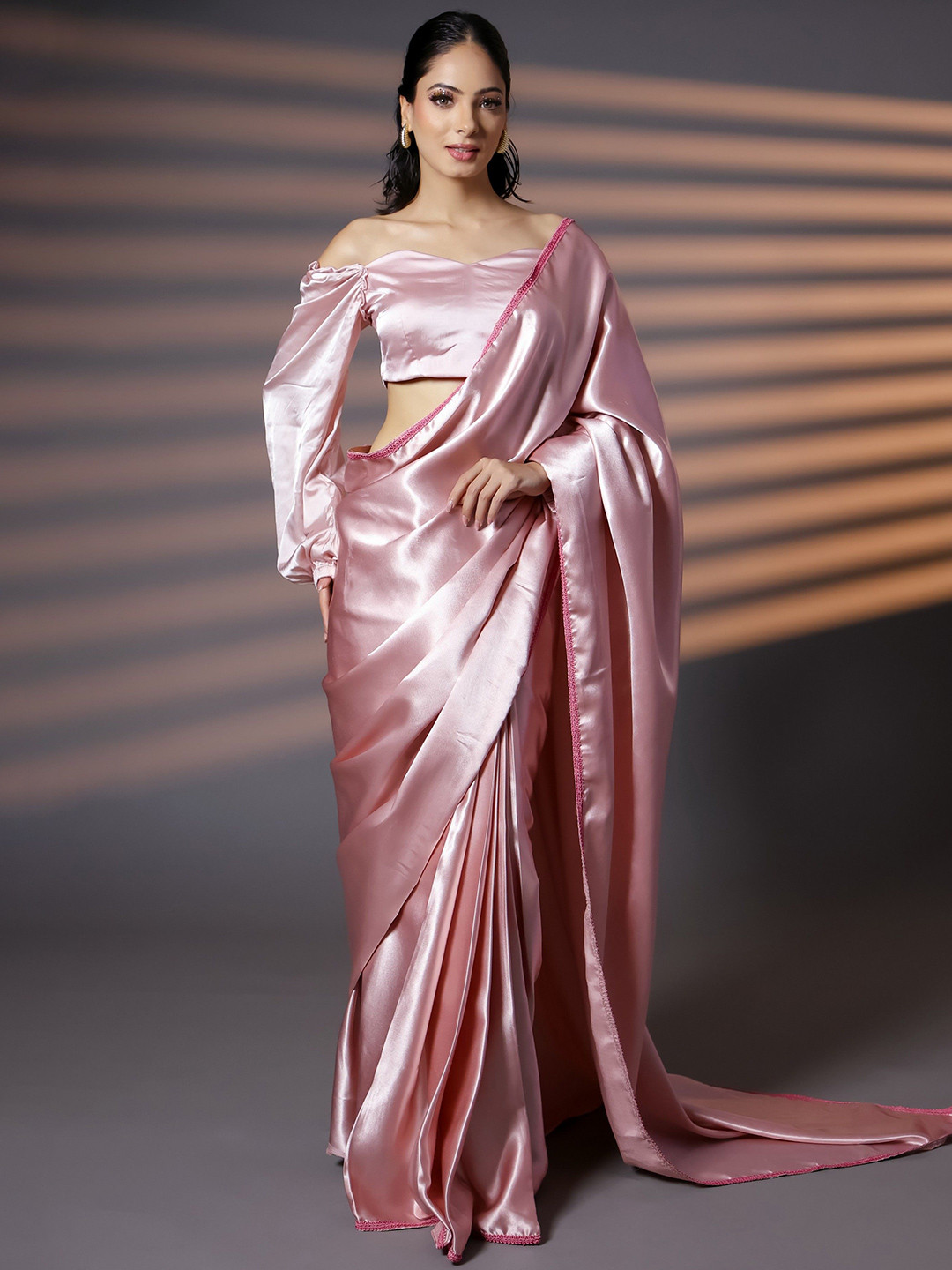 HANDME Regal Beauty Lace Embellished Premium Satin Saree with Blouse Fabric