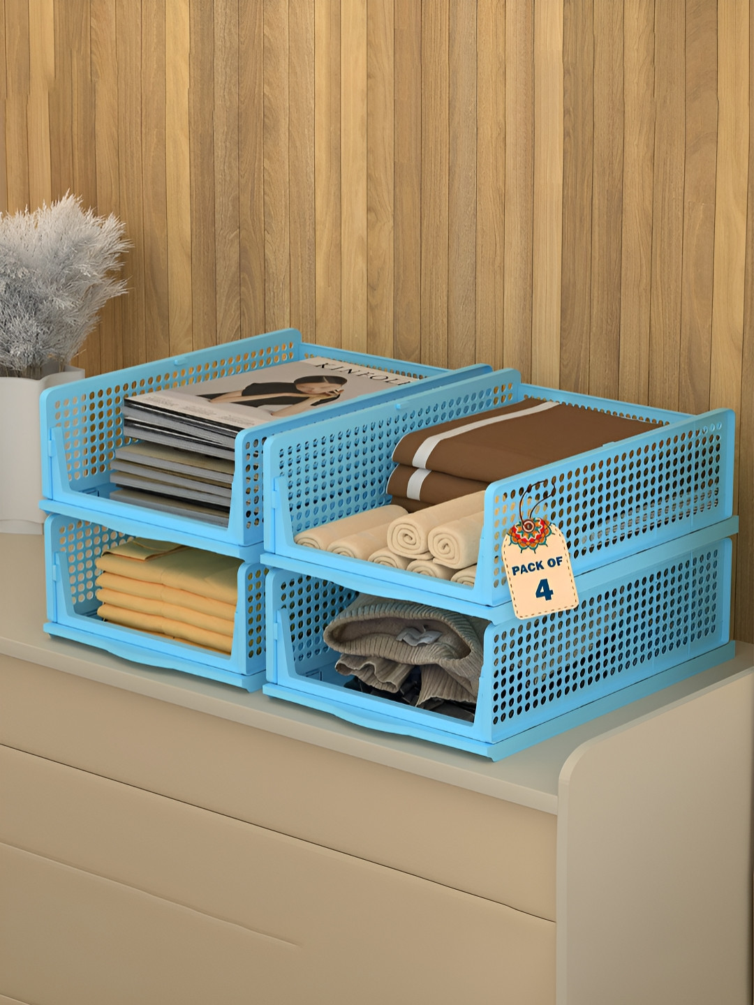 Aura Blue 4 Pcs Foldable Kids Wardrobe Organisers & Clothes Storage Box Drawer Organisers