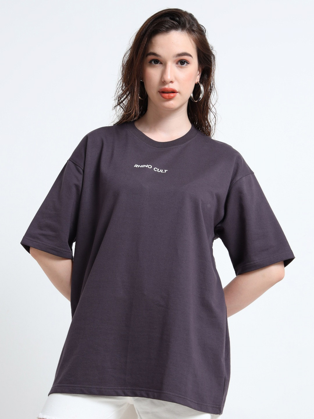 RHINO CULT Brand Logo Printed Drop-Shoulder Sleeves Round Neck Cotton Oversized T-shirt