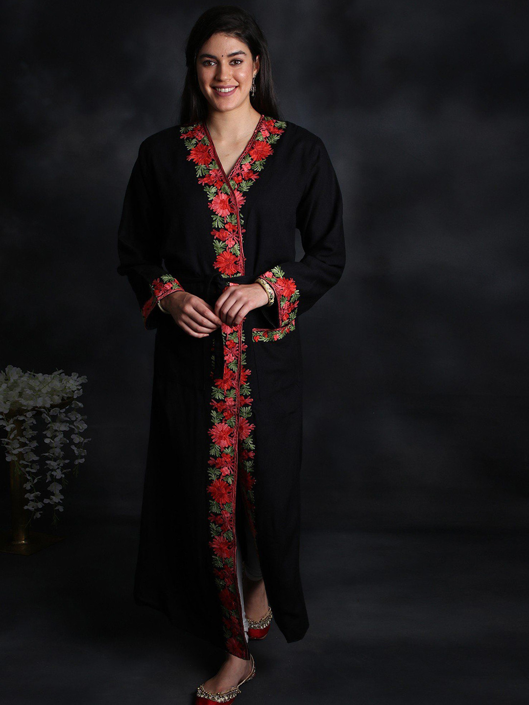 Exotic India Black-Onyx Aari Hand-Embroidered Flowers Kashmiri Robe From Kashmir