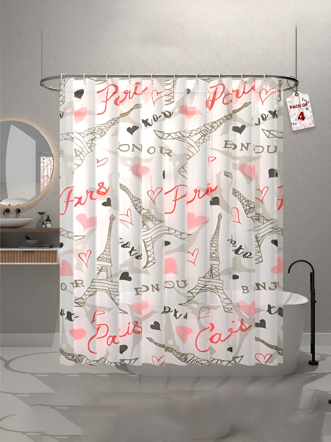 Aura 4-Pcs Pink & Grey Eiffel Tower Printed Waterproof ShowerCurtainWithHooks