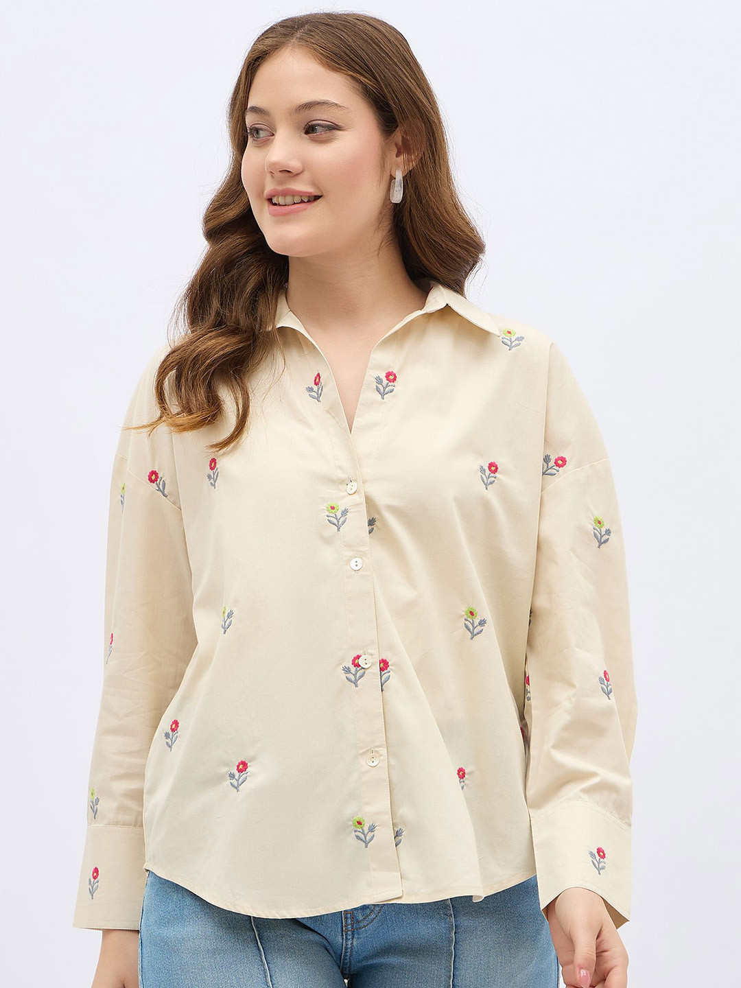 all about you Floral Embroidered Spread Collar Casual Pure Cotton Oversized Shirt