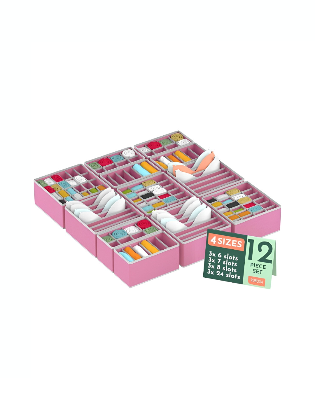 Aura Pink 12 Pcs Set Multicompartment Underwear Organisers Storage Box Wardrobe Organizer