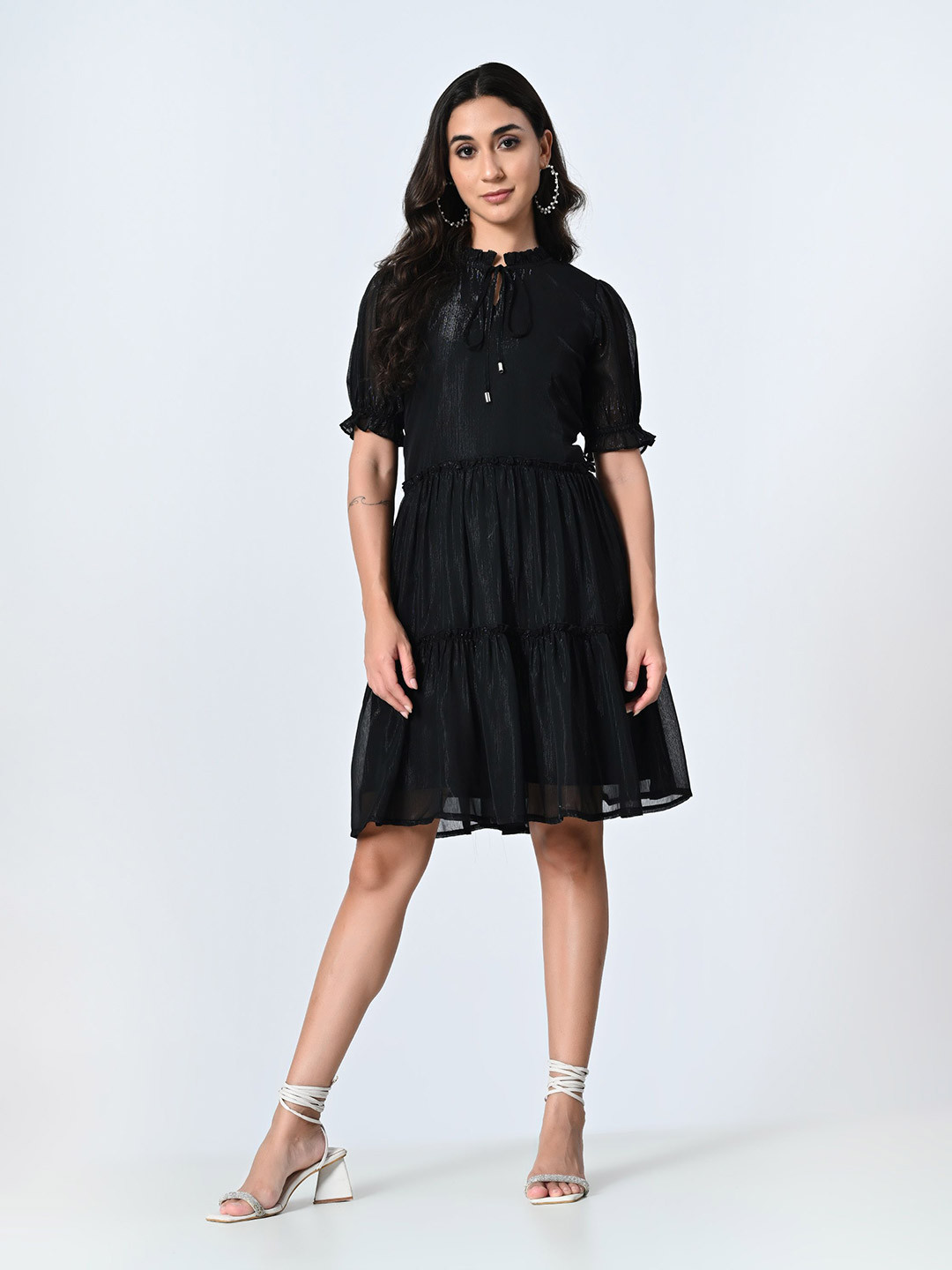 OTIRA Tiered Tie-Up Neck Puff Sleeve A-Line Dress