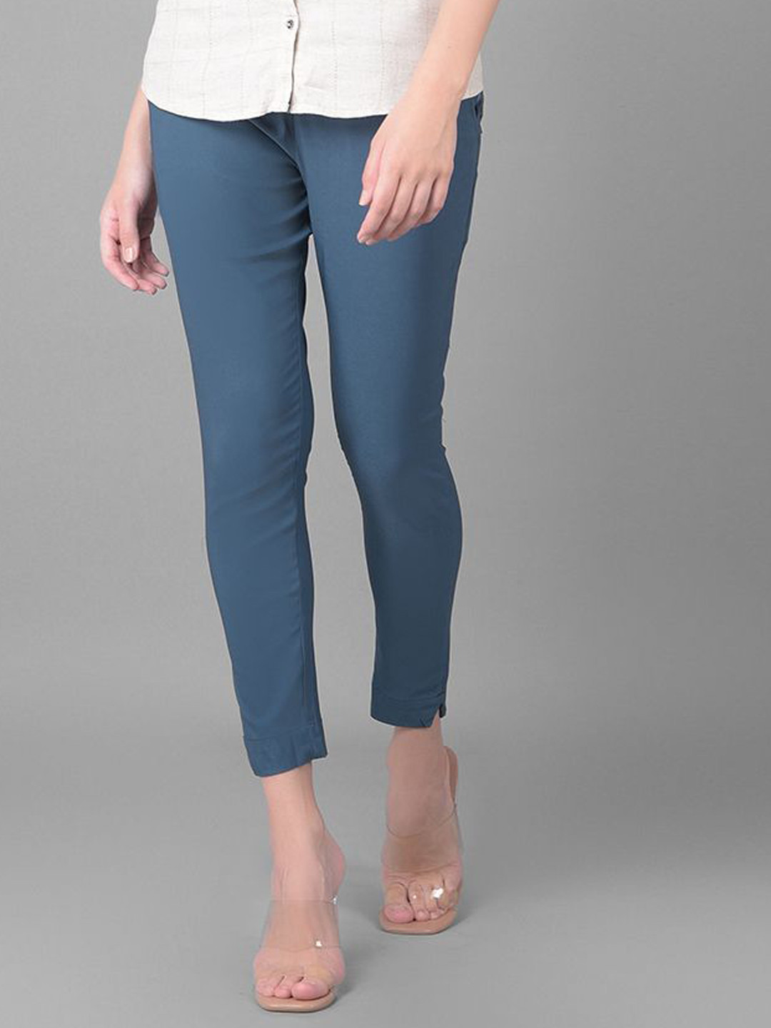 Comfort Lady Women Solid Cotton Elastic Waist Mid-Rise Regular Fit Pencil Trousers