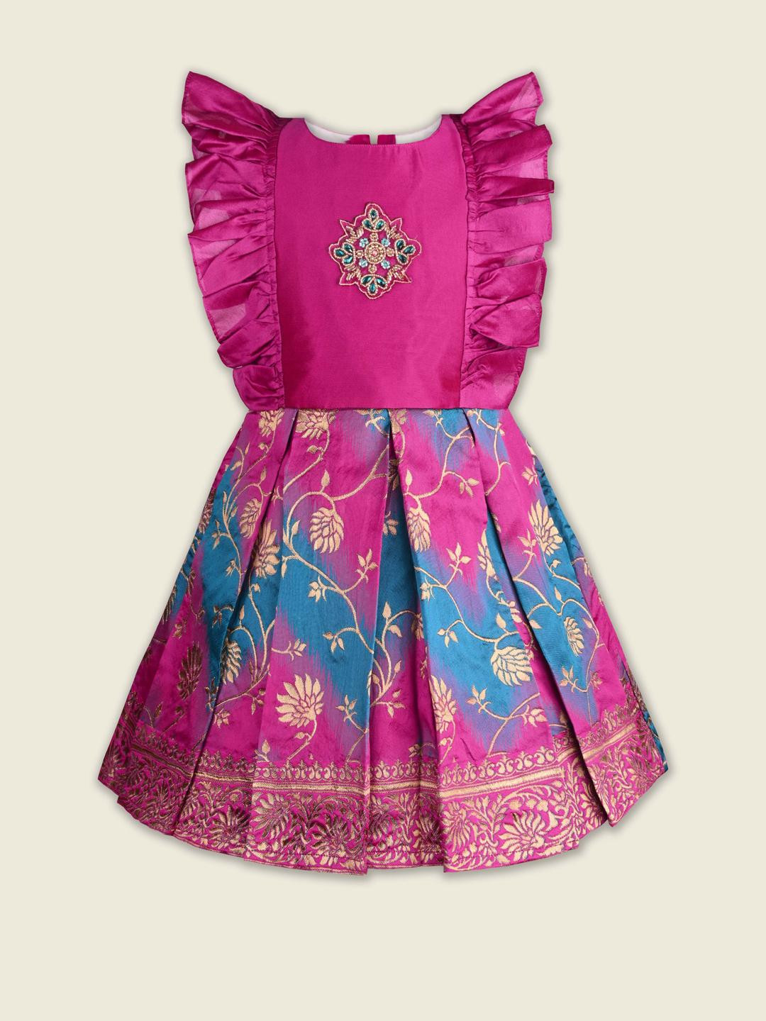 Girls Embroidered Flared Sleeve Fit and Flare Frock Dress
