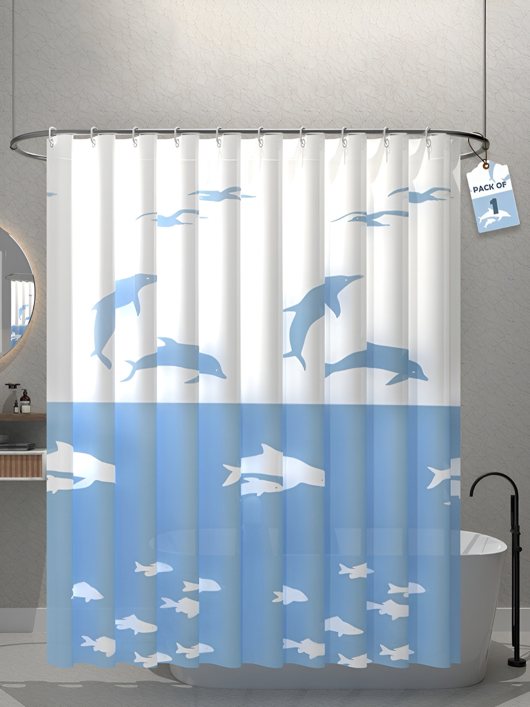 Aura Blue & White Shark Printed Waterproof ShowerCurtainWithHooks