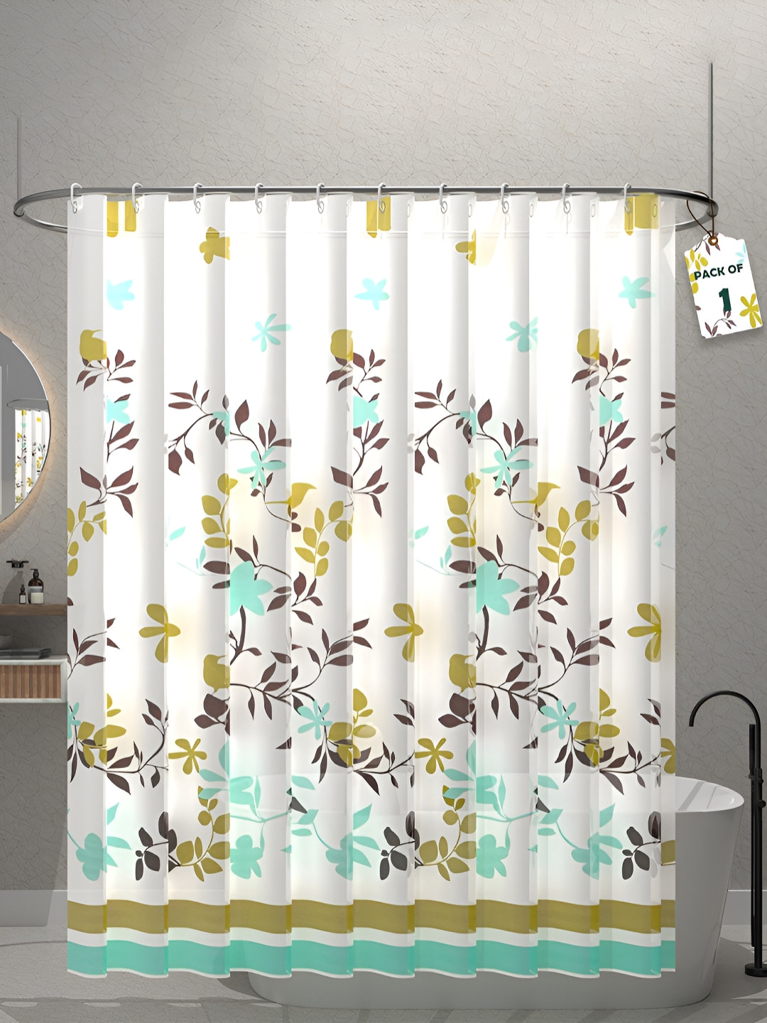 Aura White & Mustard Printed Waterproof ShowerCurtainWithHooks