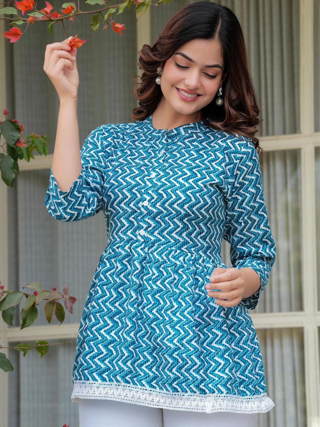 Royal Marque Print Mandarin Collar Cotton Peplum Top