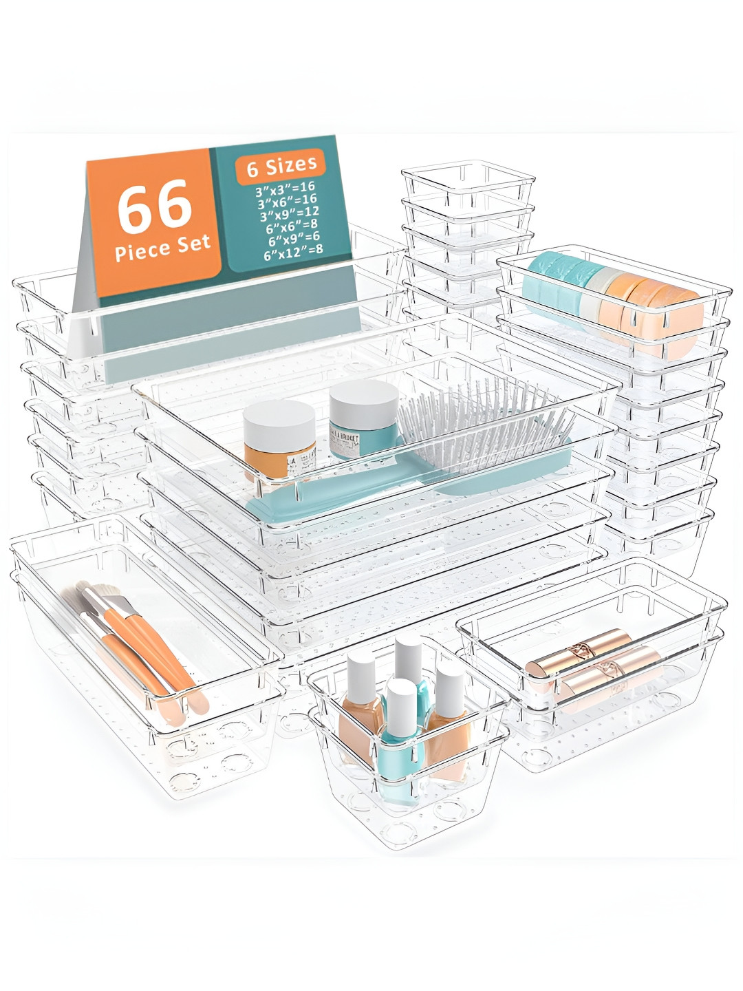 Aura Transparent 66 Pcs Set Multi-Purpose Cosmetics Makeup Organisers Kitchen Organisers