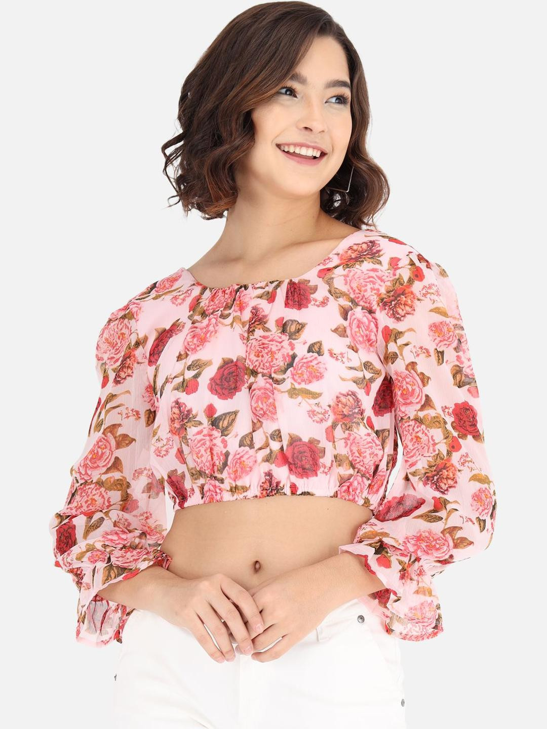 CORSICA Floral Print Bell Sleeve Chiffon Crop Top
