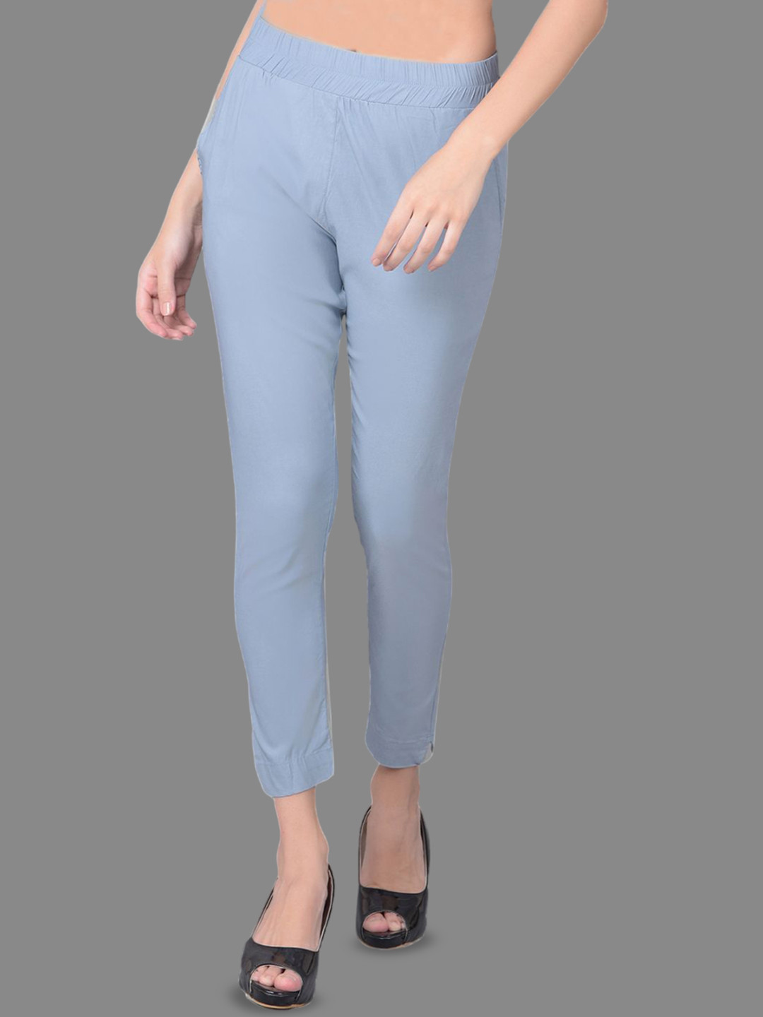 Comfort Lady Women Solid Cotton Elastic Waist Mid-Rise Pencil Trousers