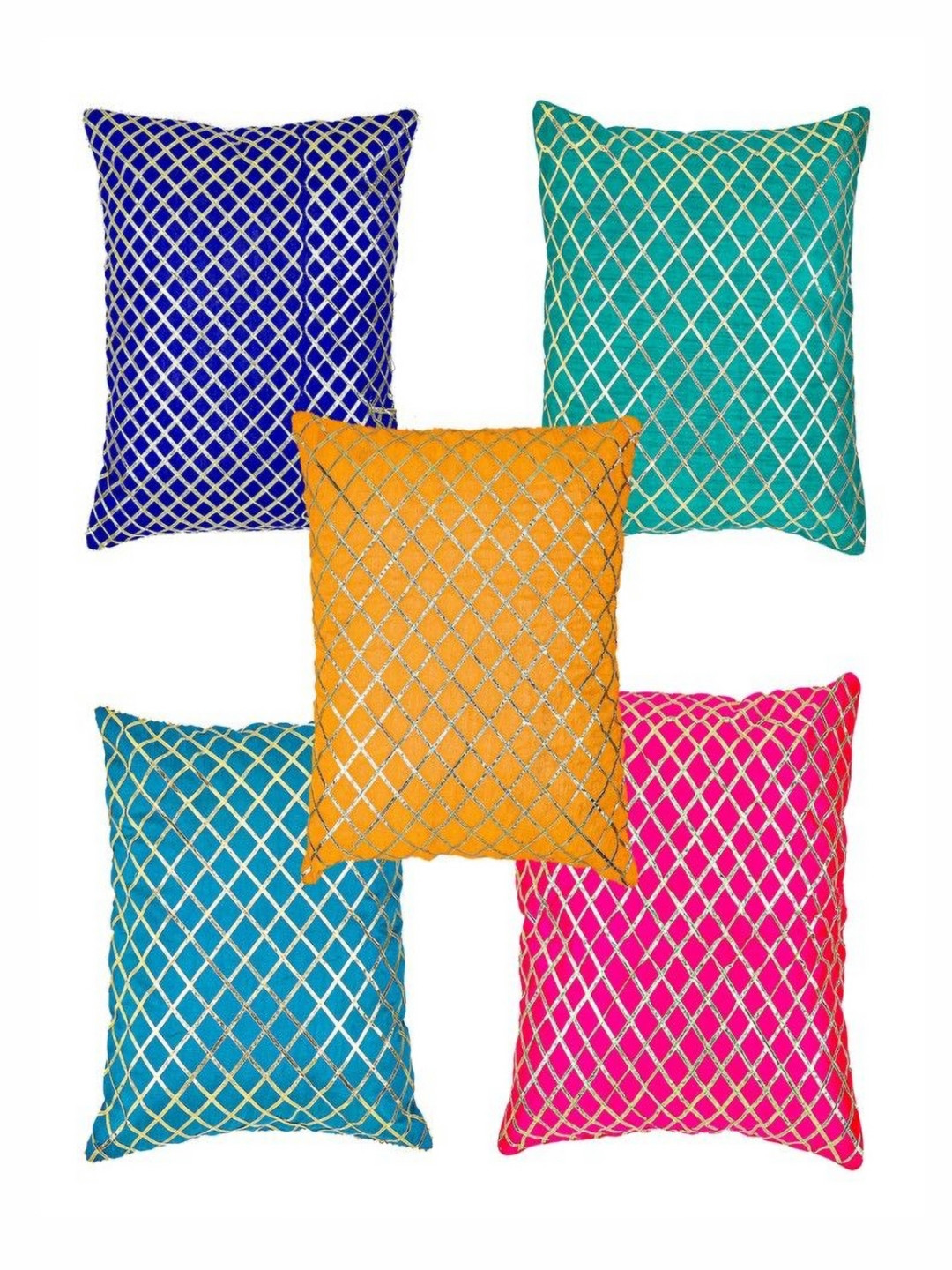 MERA HAAT Pink & Blue 5 Piece Checked Square Cushion Covers