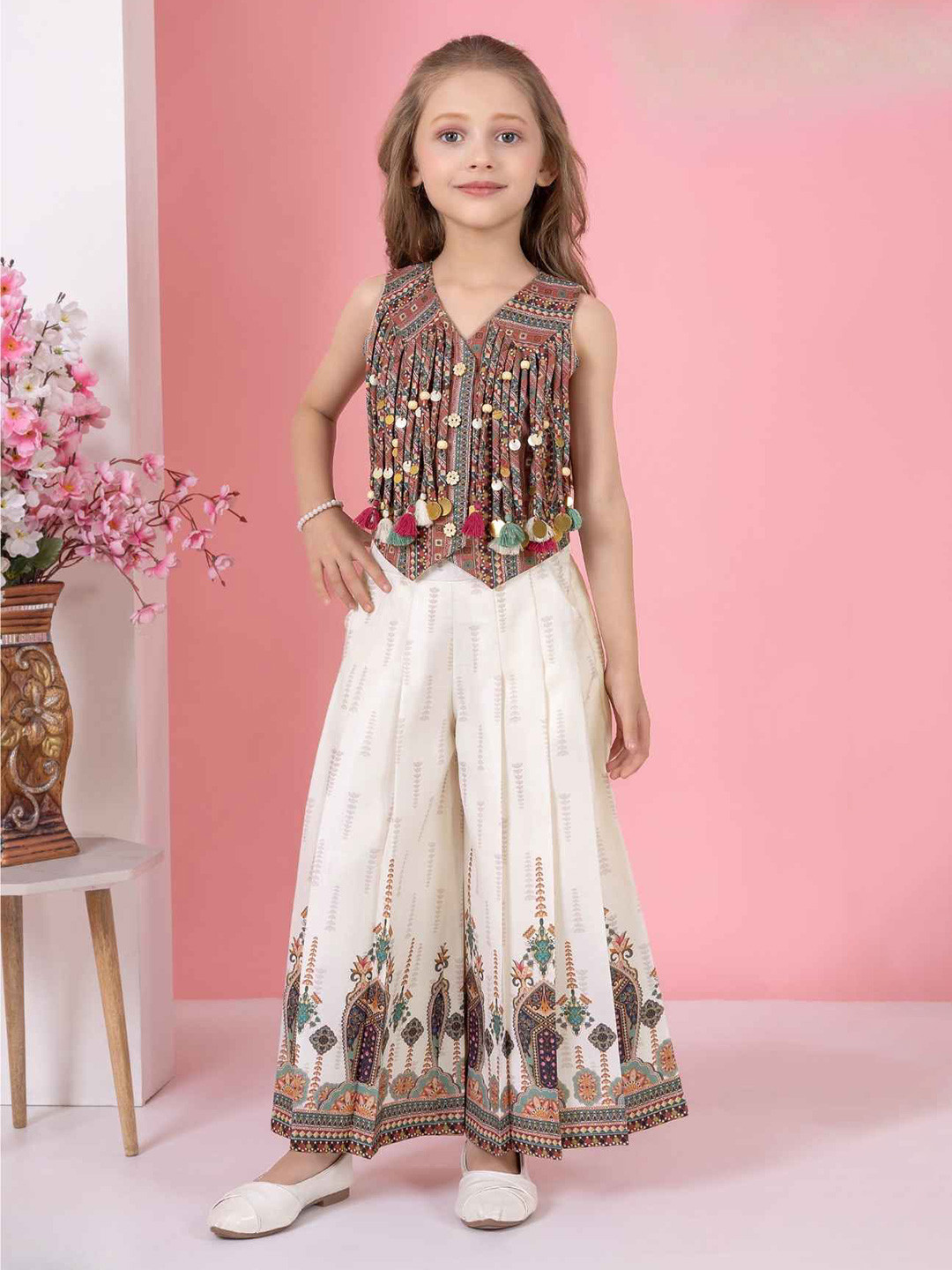 Lagorii Girls Boho Charm Tassel Embellished Top With Printed palazzo Clothing Set