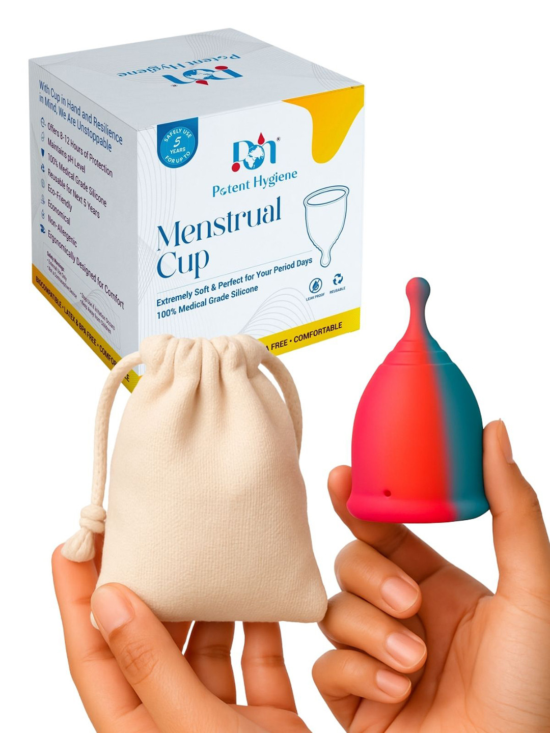 Potent Hygiene Extremely Soft Reusable Menstrual Cup- M- Rainbow Color With Cotton Bag