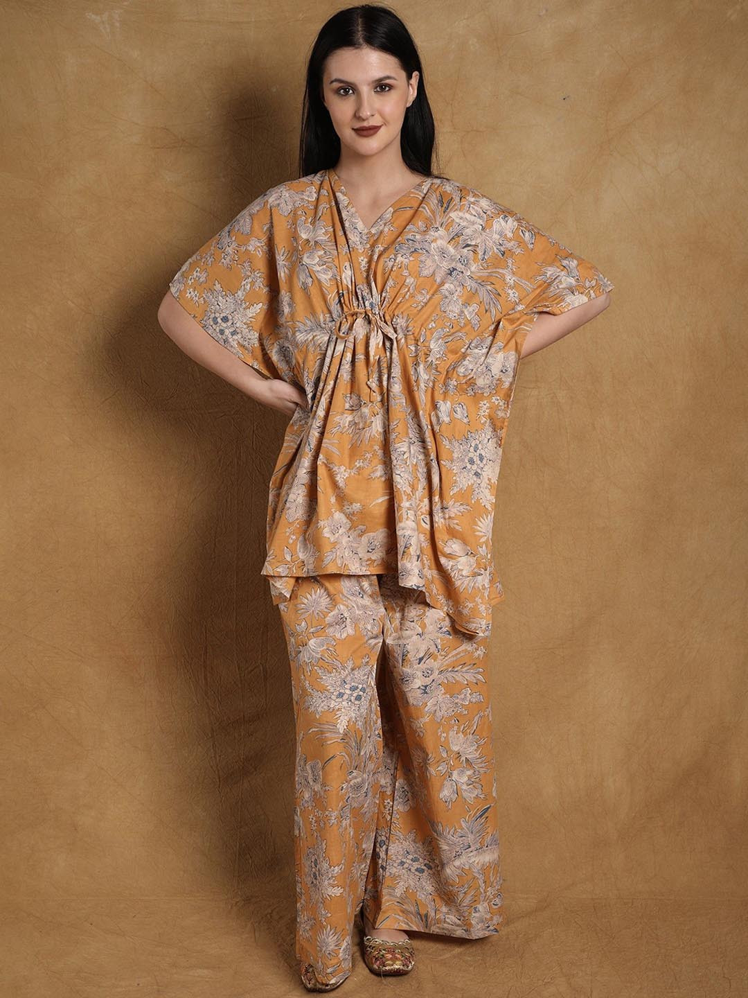 Exotic India Floral Printed Honey-Yellow Pure Cotton Kaftan Style With Palazzo Co-Ords