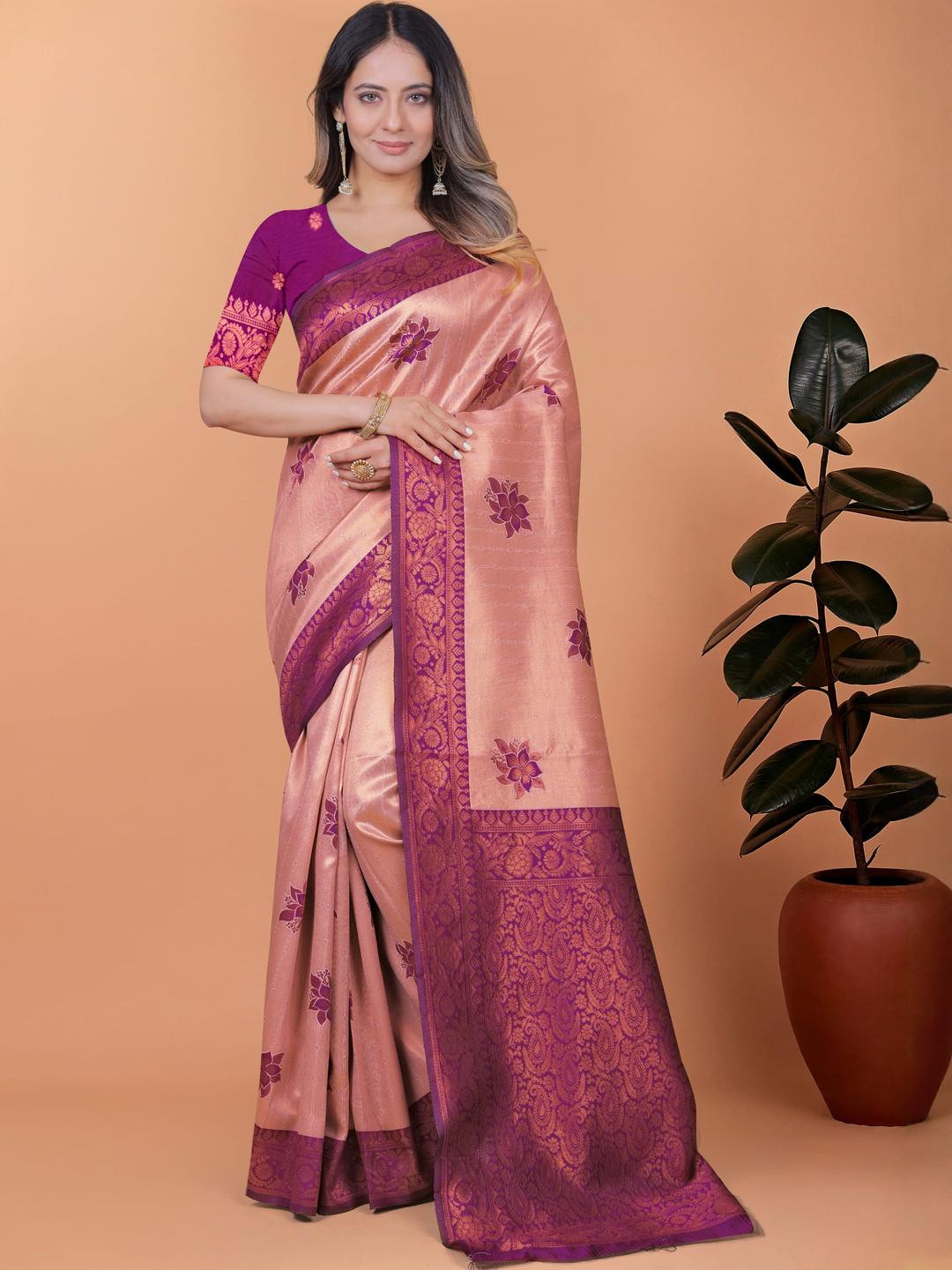 KALINI Peach Art Silk Sarees