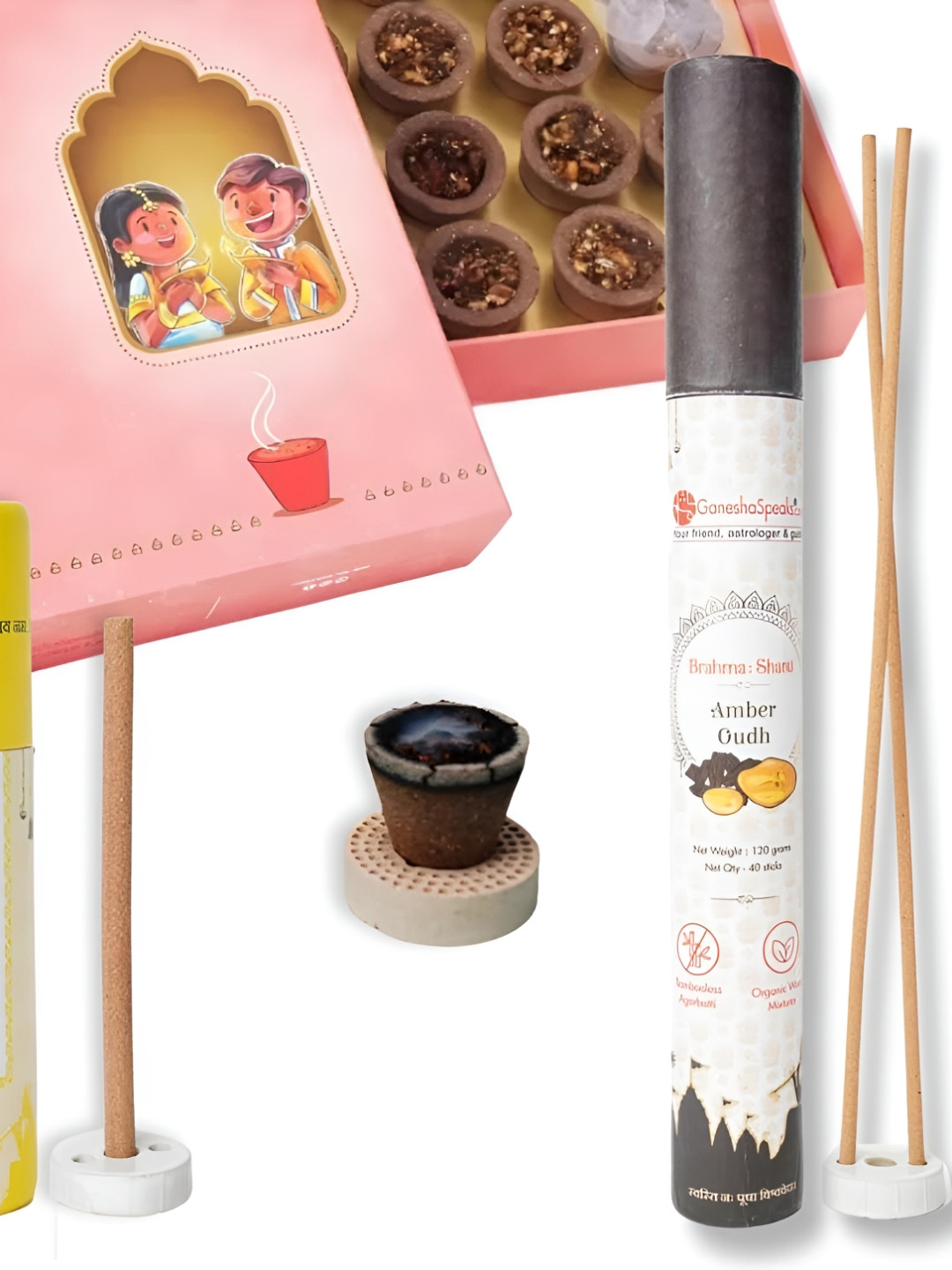 GaneshaSpeaks 55-Pcs Brown Rose Dhoop Cup & Lemongrass Dhoop Stick, Amberoud Incense Stick